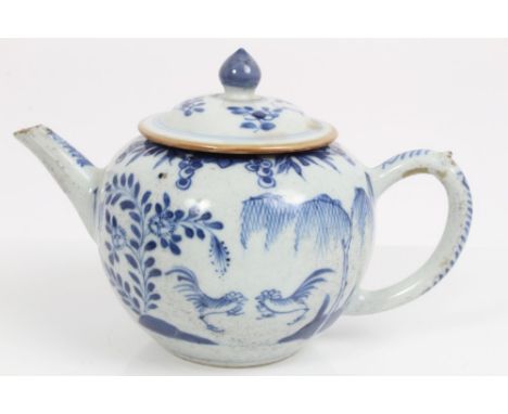 18th century Chinese export blue and white globular teapot and cover painted with fighting cockerel decoration   CONDITION RE