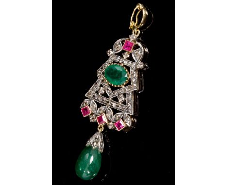 Unusual emerald, ruby and diamond pendant, possibly Indian, the tassel-shape pendant suspending a pear-shape emerald from a p