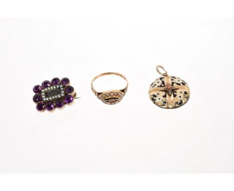 Georgian amethyst and seed pearl mourning brooch, Victorian diamond seed pearl and black enamel mourning ring.  Size O and an