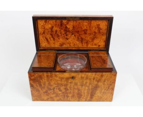 Fine George III burr cedar tea caddy of plain rectangular form, with original central cut glass sugar bowl flanked by two lid