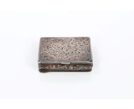 Continental silver pill box of rectangular form, with engraved floral and engine-turned decoration and hinged cover, 2.5cm ac
