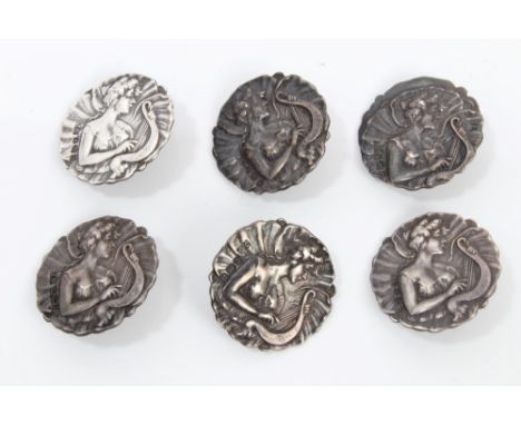 Set of six Edwardian silver buttons embossed with an image of a female playing the lyre (Birmingham 1902), maker - J. G   CON