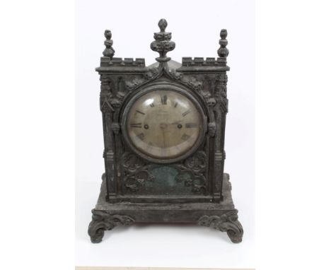 19th century Gothic mantel clock with single fusee movement striking on a bell, with silvered dial, signed - Collins Botesdal