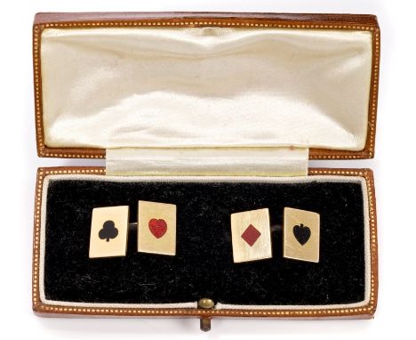 Unusual pair of Edwardian yellow metal and enamel cufflinks in the form of playing cards, each with an enamel heart, club, di