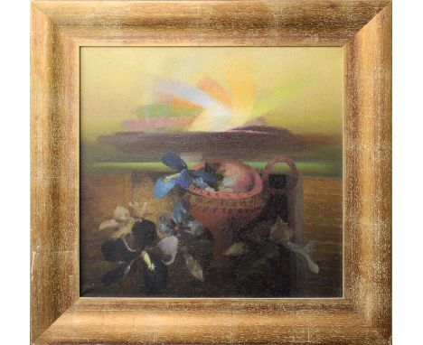 *Glyn Morgan (1926 - 2015), oil on canvas - 'The Table of Minos VI', signed and dated '71, 51cm square, framed.Illustrated in