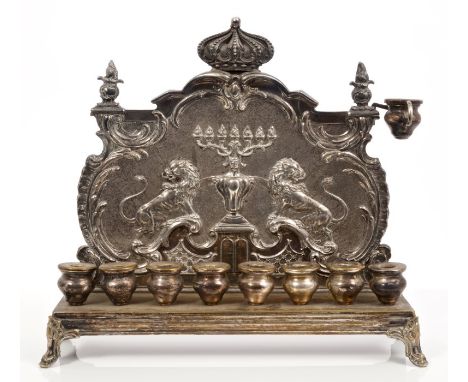 Judaica Interest:  19th century silver plated wall mounted or free standing Hanukkah Menorah candlestick with eight candle ho