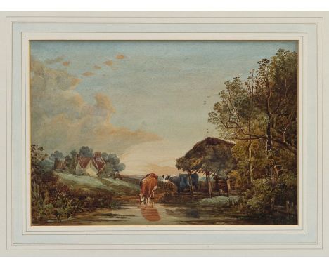 Robert Ladbrooke (1770 - 1842), watercolour - cattle watering, in glazed gilt frame, 22cm x 32cm.Exhibited:  Flint House Art 