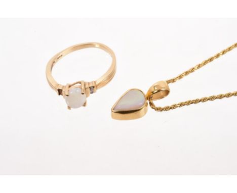 Opal single stone pendant on 18ct gold chain and an opal ring (2)