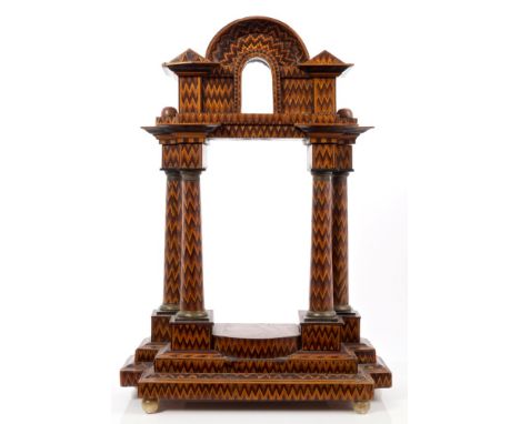 Unusual 19th century parquetry inlaid wooden temple-shaped case, possibly for a clock or of Masonic interest, classical archi