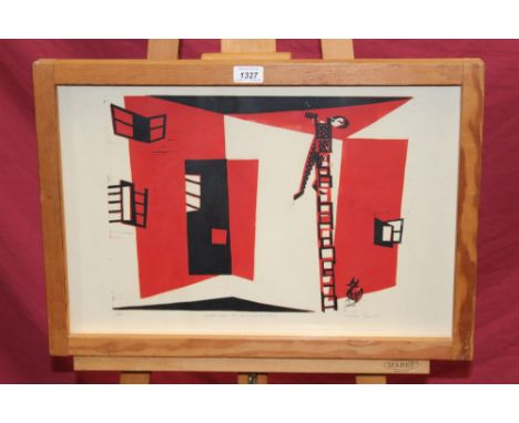 Roderic Barrett (b. 1920), signed limited edition linocut - Deserted house with two jeering characters, 3 / 15, titled, signe