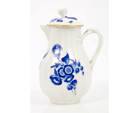 18th century Worcester dry-blue decorated sparrow beak milk jug and cover with applied flower knop, fluted body with floral d