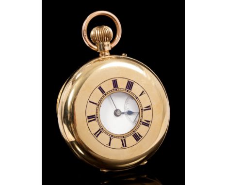 Gentlemen's gold (9ct) half hunter pocket watch with three-quarter plate button-wind movement numbered 402981, the white enam