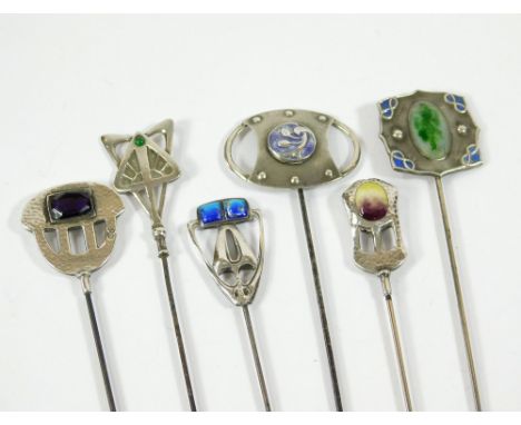SILVER & ENAMEL. Five hallmarked silver & enamelled hat pins & a Sterling silver hat pin set a green stone, including two hin