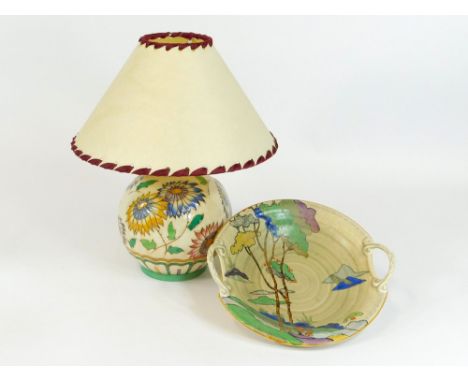 BURSLEY WARE & JAMES KENT. A Bursley Ware Charlotte Rhead small lamp base & a James Kent 'Cydonia' pattern dish. Lamp base he