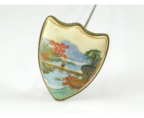 SATSUMA HAT PIN. A large Japanese Satsuma hat pin. To the reverse stamped initials F.S. Length 26cm, max. width 3.5cm.  All h