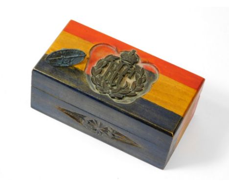 WWI RFC BOX ETC. A WWI trinket box with a RFC cap badge applied to lid & painted with the Belgian flag colours, Also an airpl