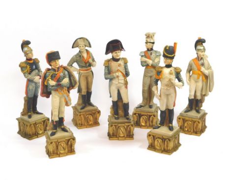 NAPOLEONIC FIGURE MODELS. A set of seven Capodimonte style French military figures including Napoleon. Mid-20th century. Made