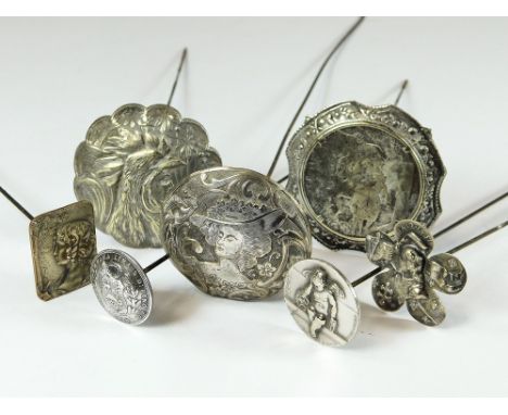 PORTRAIT HAT PINS. Various portrait hat pins etc., in white metal including Jeanne d'Arc etc. Longest 30.5cm.  All hatpins ar