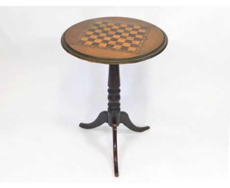 TRIPOD TABLE. A tripod table, with inlaid chessboard top. Height 66cm, diameter 50cm.  Please note that all items in this auc