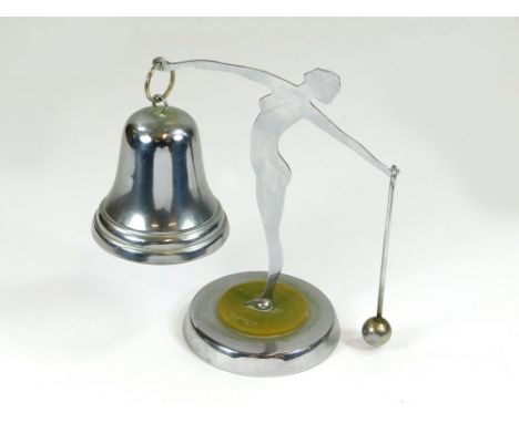 TABLE GONG. An Art Deco, chromium plated & Bakelite table gong. Max. height 19.5cm. (suspension ring for bell replaced).  Ple