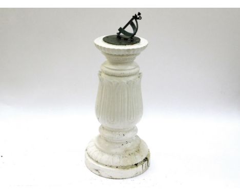 SUNDIAL. A metal sundial on a cast iron classical column base. Gnomon loose. Height 74cm. COLLECT IN PERSON OR BY BUYER'S CAR