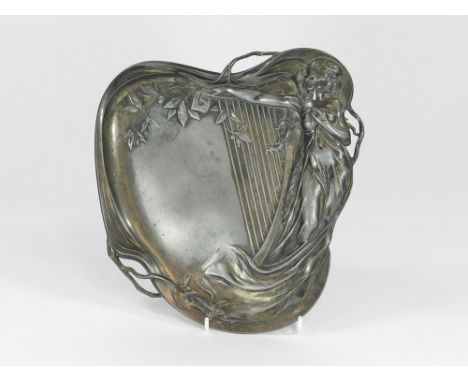 WMF WAITER. A WMF Art Nouveau waiter, lady with a harp, No.252A. Max. height 23cm.  Please note that all items in this auctio