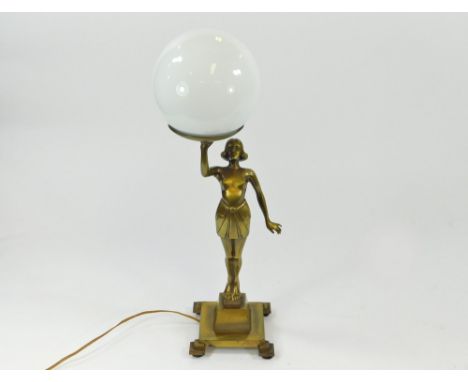 TABLE LAMP. An Art Deco style patinated metal table lamp. Height 49cm.  Please note that all items in this auction are previo