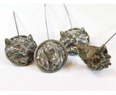 CAT HAT PINS ETC. Three white metal embossed cat hat pins, including two similar hinged pins & a hinged white metal dog hat p
