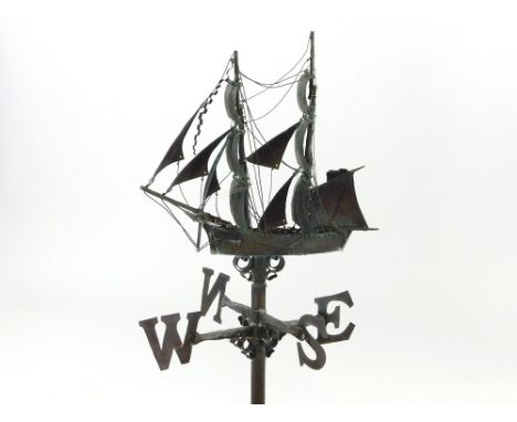 MARK PENROSE. A Cornish copper weather vane of a schooner by Mark Penrose, Cornwall. Max. height 136cm, max. width of schoone