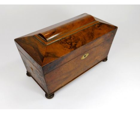 TEA CHEST. A 19th century sarcophagus tea chest in burr wood & mahogany, with replacement glass mixing bowl. Ring handles mis