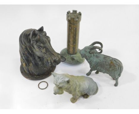 ANIMAL MODELS. Three cast metal animal models: a terrier, a ram, a hitching post style horse head, & one other item. COLLECT 