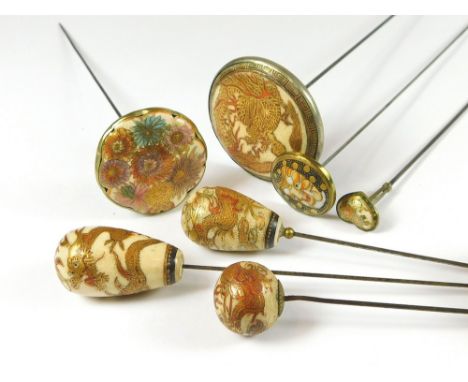 SATSUMA HAT PINS. Seven Japanese Satsuma hat pins including two domed dragon hat pins & a heart shaped flat top hat pin. Also