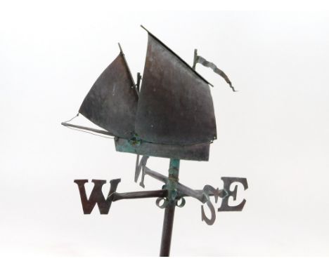 MARK PENROSE. A handmade copper weather vane of a Cornish lugger by Mark Penrose, Cornwall. Max. height 129cm, max. width of 