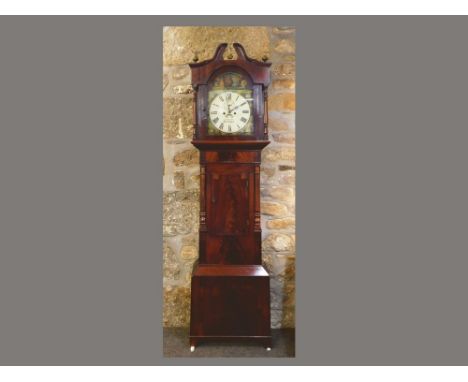 LONG CASE CLOCK. A mahogany long case clock with painted arched dial, with a rocking ship automaton. Dial signed E. Birley, B