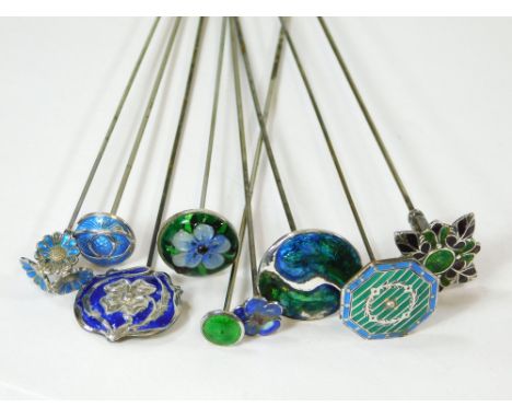 ENAMELLED HAT PINS. Nine various silver, white metal & silver plated & enamel hat pins. Longest 22cm.  All hatpins are in cle