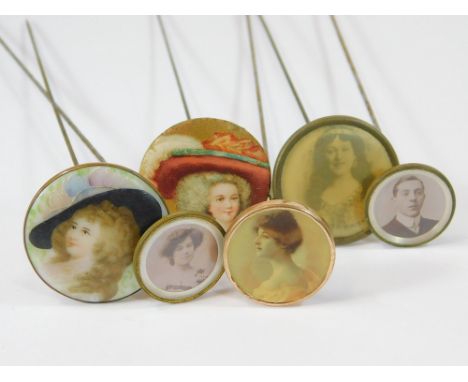 PORTRAIT HAT PINS. Six various portrait hat pins, including hand painted porcelain, printed paper & photographic prints. Long
