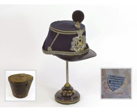 SUFFOLK MILITIA SHAKO. A Victorian West Suffolk Militia shako with tin marked Wilkinson, Pall Mall.  Please note that all ite