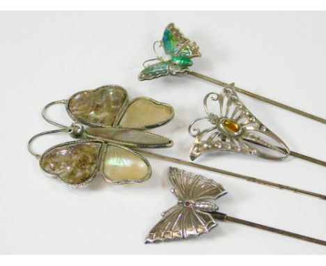 BUTTERFLY HAT PINS. A Charles Horner silver & enamel hinged butterfly hat pin & one other Horner silver hat pin, set an amber