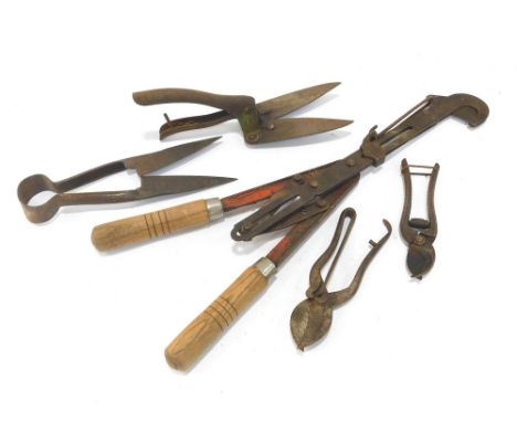 VINTAGE GARDENING TOOLS. Five various pruners & shears. All require cleaning & refurbishment.   Please note that all items in