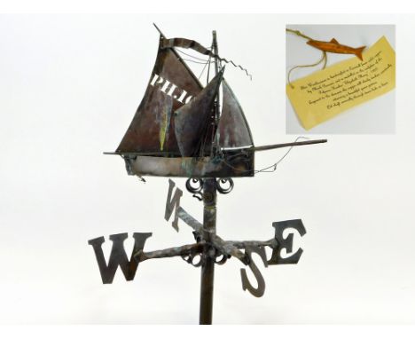 MARK PENROSE. A hand made copper weather vane by Mark Penrose, Cornish Lugger PH.107, with Mark Penrose's original label & Co