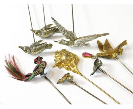 BIRD HAT PINS. Eight various silver, white metal & brass hat pins, including an Art Deco enamelled bird with tail feathers ha