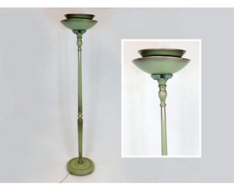 ART DECO STANDARD LAMP. An Art Deco, green sprayed wooden table lamp, with green sprayed metal double shade above three glass