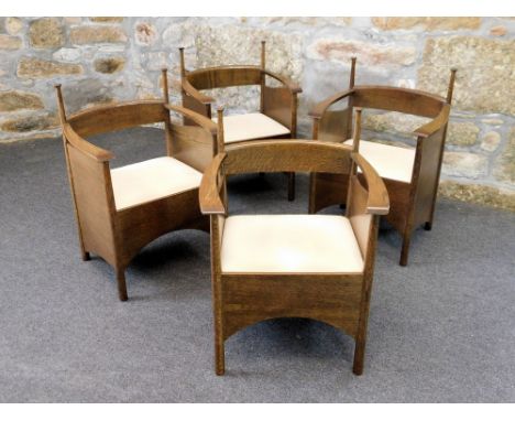 DINING CHAIRS. A set of four c.1970's/80's oak Arts & Crafts style chairs after Charles Rennie Mackintosh, originally designe