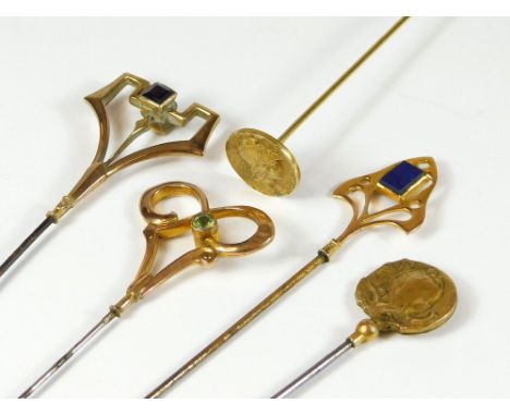 GOLD HAT PINS ETC. Three 9ct. gold hat pins, set with lapis lazuli, amethyst & peridot Also, two French Art Nouveau hat pins.