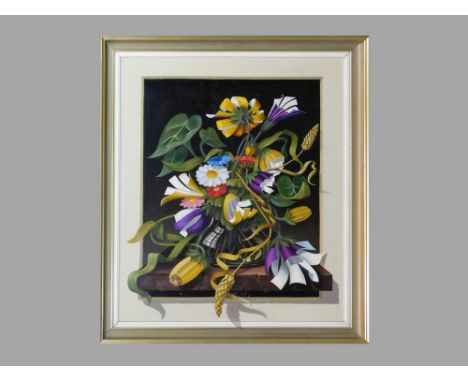 WILLIAM R. PODMORE. 'Hearts and Flowers', a trompe l'oeil oil on canvas by William Podmore. Signed & dated 3.74. Artist's per