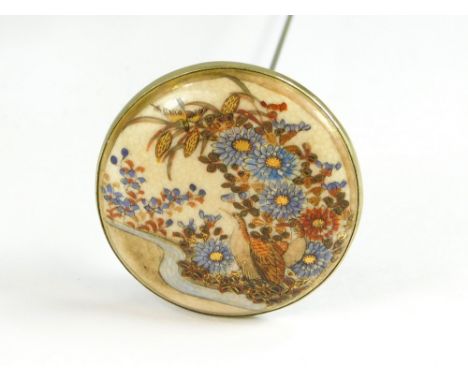 SATSUMA HAT PIN. A large Japanese Satsuma hat pin. To the reverse a stamped mons mark. Length 22cm, diameter 4cm.  All hatpin