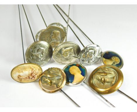 PORTRAIT HAT PINS ETC. Four various Jeanne d'Arc portrait hat pins, a pair of silver mounted photographic hinged hat pins & t