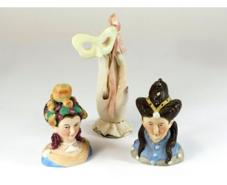 HAT PIN STANDS. Two bisque hat pin stands & an Italian 1950s hand stand.  Please note that all items in this auction are prev