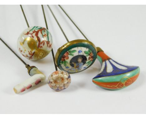 CERAMIC HAT PINS. Five various hand painted ceramic hat pins. Longest 25.5cm.  All hatpins are in clean or reasonably clean c