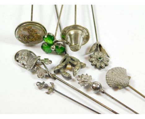 WHITE METAL HAT PINS ETC. Seven silver plated or white metal hat pins & a French silver paste-set pin & a Sterling silver fla